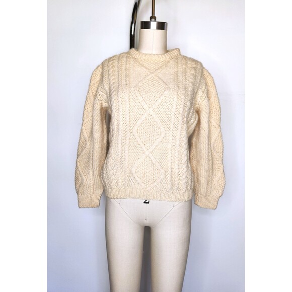 Vintage Chunky Cable Hand Knitted Wool Sweater Fisherman Ireland Irish Ivory XS - Picture 6 of 7